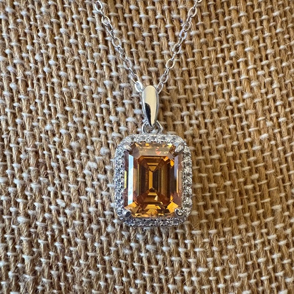 Solid Sterling Silver Three Carat Emerald cut Champagne Moissanite Necklace $899 - Picture 3 of 7